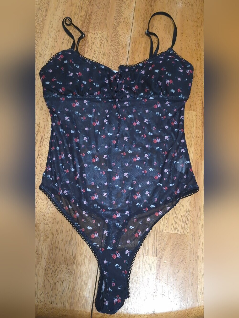 Bluenotes Black Floral Mesh Bodysuit Size M Romantic Y2K